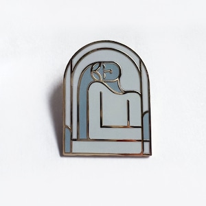 Tangled Pin |  Stained Glass Inspired Hard Enamel Arch Gold and Blue Label Pin Brooch of Woman Female Figure