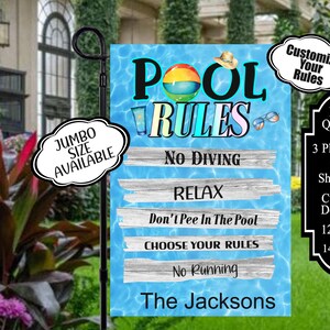 May include: A blue and white pool rules sign with a rainbow beach ball and the text "POOL RULES". The sign has a wooden plank background with the text "NO DIVING", "RELAX", "Don't Pee In The Pool", "CHOOSE YOUR RULES", "No Running", and "The Jacksons".