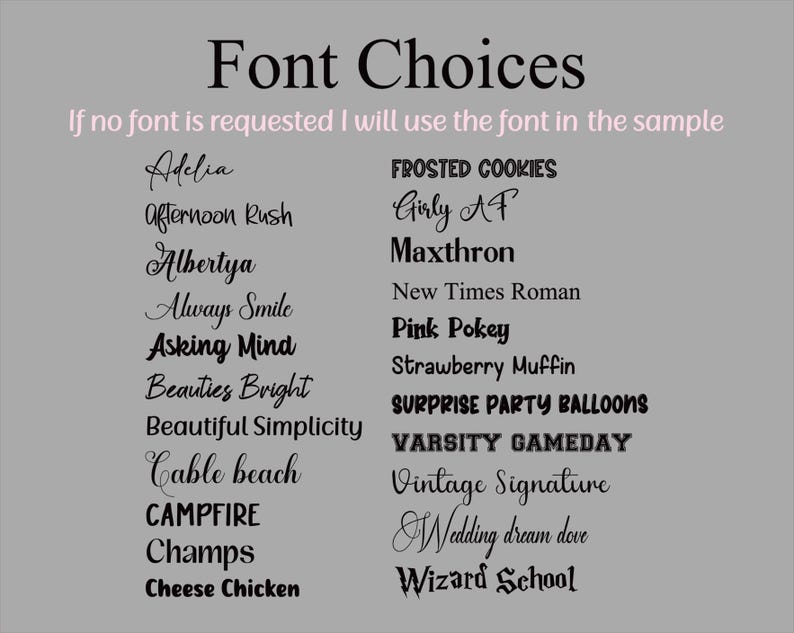 Puede incluir: Un fondo gris muestra una lista de opciones de fuentes. El texto "Font Choices" est&aacute; en la parte superior, seguido de una nota sobre la fuente predeterminada. Se muestran varios estilos de fuente, incluyendo "Adelia", "Girly AF" y "Wizard School".