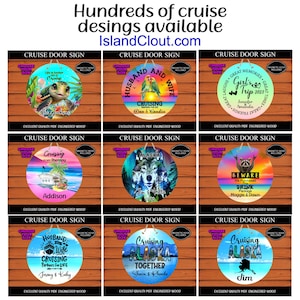 May include: Nine round wooden signs with various cruise-themed designs. Each sign features a different image and text, such as "Life is better on a cruise", "Husband and Wife Cruising", "Girl's Trip 2023", "Cruising is my Therapy", "Alaska", "Beware We Purchased the Drink Package", "Husband and Wife Cruising Partners for Life", "Cruising Alaska Together", and "Cruising Alaska".