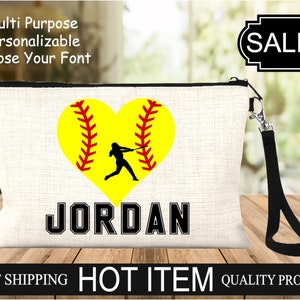 Custom Softball Heart Accessory Bag, Softball Wristlet, Great Senior Softball Player Gift, Softball Player Travel Bag, Softball Wristlet