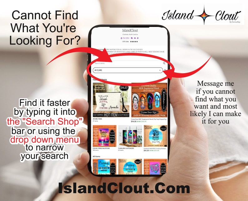 K&ouml;nnte beinhalten: Ein Screenshot eines Online-Shops namens IslandClout.com. Die Website verf&uuml;gt &uuml;ber eine Suchleiste, ein Dropdown-Men&uuml; und ein Raster mit Produkten. Der Text auf dem Bildschirm lautet: "Kannst du nicht finden, wonach du suchst? Finde es schneller, indem du es in die "Shop-Suche" eintippst oder das Dropdown-Men&uuml; verwendest, um deine Suche einzugrenzen. Schreib mir, wenn du nicht findest, was du m&ouml;chtest, und ich kann es dir h&ouml;chstwahrscheinlich machen."