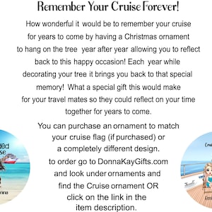 May include: Round Christmas ornaments with cruise-themed designs. One features cartoon birds on a beach with text "We Needed This Cruise" and names/year. Another shows two girls on a boat with text "Cruisin & Boozin With My Bestie".