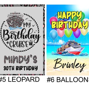 K&ouml;nnte beinhalten: Zwei Designs f&uuml;r eine Geburtstags-Kreuzfahrt-Decke. Das erste Design zeigt einen Leoparden-Druck mit einem Kreuzfahrtschiff und dem Text "My Birthday Cruise Mindy's 30th Birthday". Das zweite Design zeigt ein Kreuzfahrtschiff mit Ballons und dem Text "Happy Birthday Brinley".