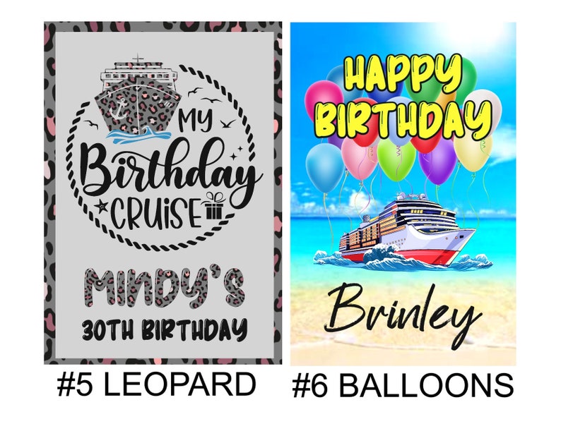 K&ouml;nnte beinhalten: Zwei Designs f&uuml;r eine Geburtstags-Kreuzfahrt-Decke. Das erste Design zeigt einen Leoparden-Druck mit einem Kreuzfahrtschiff und dem Text "My Birthday Cruise Mindy's 30th Birthday". Das zweite Design zeigt ein Kreuzfahrtschiff mit Ballons und dem Text "Happy Birthday Brinley".