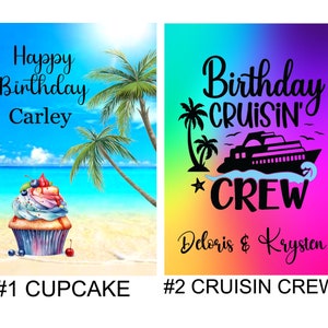 K&ouml;nnte beinhalten: Zwei digitale Designs f&uuml;r eine Geburtstagskarte. Das erste Design zeigt einen Cupcake mit buntem Frosting und Streuseln an einem Strand mit Palmen. Das zweite Design zeigt ein Kreuzfahrtschiff mit dem Text "Birthday Cruisin' Crew" und den Namen "Deloris & Krysten".