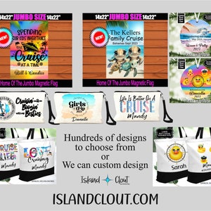 May include: A collection of personalized tote bags, clutches, and ornaments featuring cruise-themed designs. The bags are white with black accents and feature various designs, including a cruise ship, a turtle, and a rubber duck. The ornaments are round and feature a rubber duck design. The text on the bags includes "Cruise Life", "Love Cruising", "Cruisin' - Boosin' with my Besties", "Life is Better on a Cruise", and "Girls Trip 2023".