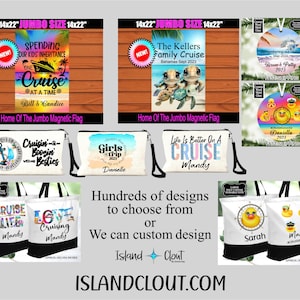 Puede incluir: Una colecci&oacute;n de bolsas de mano, bolsos de mano y adornos personalizados con dise&ntilde;os de tem&aacute;tica de cruceros. Las bolsas son blancas con detalles negros y presentan varios dise&ntilde;os, incluyendo un crucero, una tortuga y un pato de goma. Los adornos son redondos y presentan un crucero y un pato de goma. El texto en las bolsas y los adornos incluye las palabras "Cruise", "Life is Better on a Cruise", "Cruisin' - Boosin' with my Besties", "Girls Trip 2023", "The Kellers Family Cruise", "Spending our Kids Inheritance one Cruise at a Time", and "Remembering our Cruise".