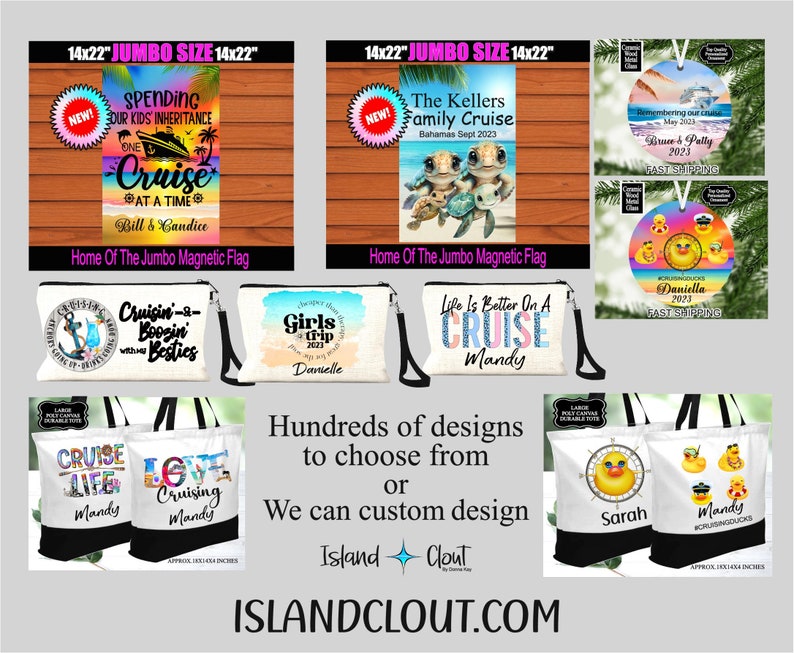 Puede incluir: Una colecci&oacute;n de bolsas de mano, bolsos de mano y adornos personalizados con dise&ntilde;os de tem&aacute;tica de cruceros. Las bolsas son blancas con detalles negros y presentan varios dise&ntilde;os, incluyendo un crucero, una tortuga y un pato de goma. Los adornos son redondos y presentan un crucero y un pato de goma. El texto en las bolsas y los adornos incluye las palabras "Cruise", "Life is Better on a Cruise", "Cruisin' - Boosin' with my Besties", "Girls Trip 2023", "The Kellers Family Cruise", "Spending our Kids Inheritance one Cruise at a Time", and "Remembering our Cruise".