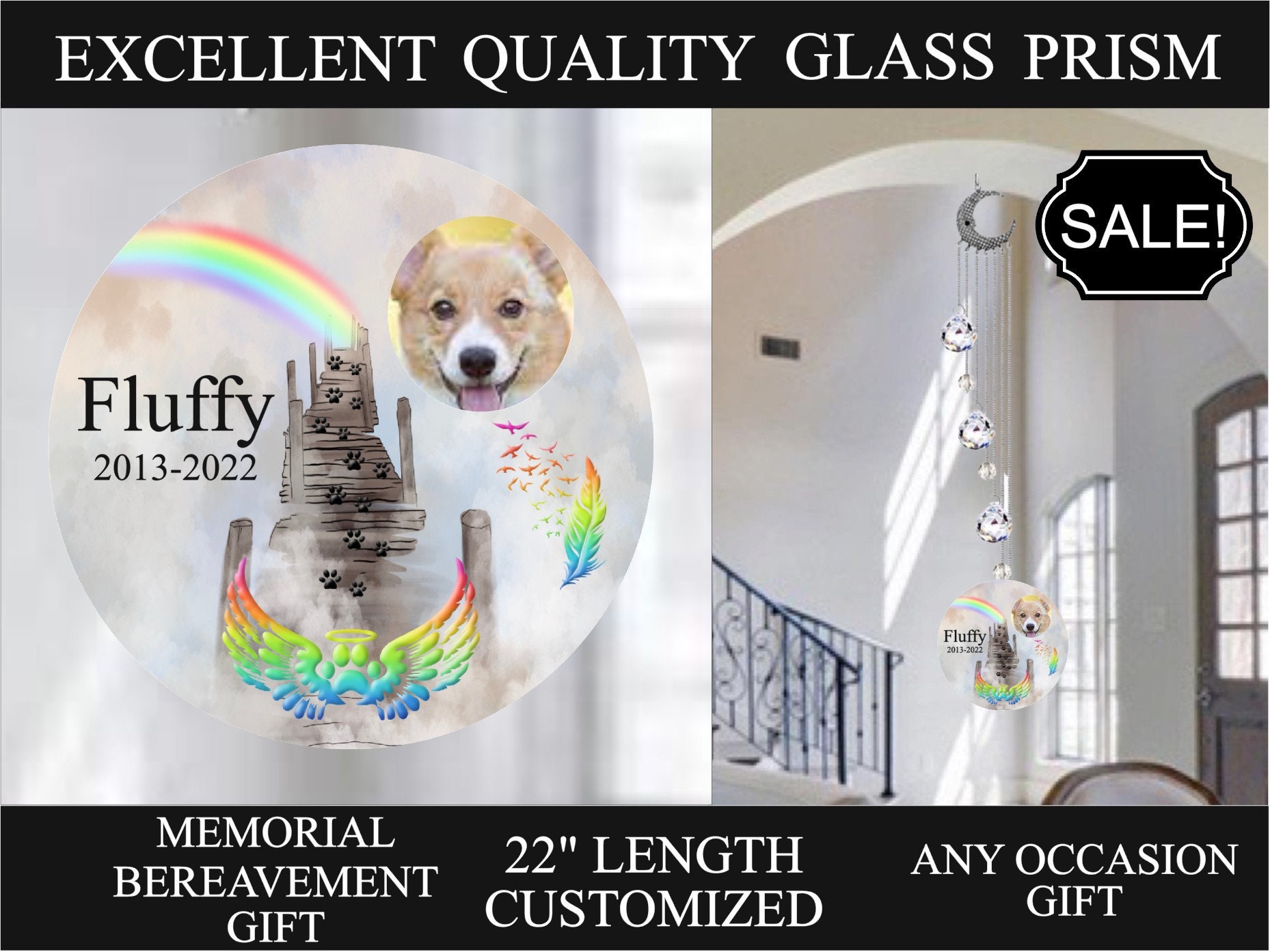  Huray Rayho Dog Memorial Gifts Stained Glass Window Hanging  Rainbow Bridge Sun Catcher Sympathy Gift for Dog Lovers Pet Loss Present  Double Side Glass Panel Decor : Pet Supplies