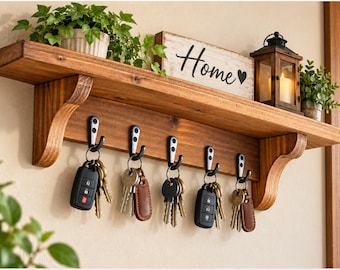 Rustic Wooden Key Holder Shelf, Farmhouse Wall-Mounted Key Shelf, Handmade Wood Entryway Organizer, Country Home Decor, Gift for New Home