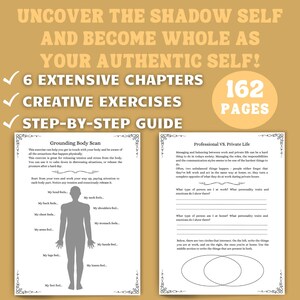 May include: A black and white printable worksheet with the title "Grounding Body Scan" and a silhouette of a person with labels for different body parts. The worksheet includes instructions to help users become aware of their physical sensations.  The second worksheet is titled "Professional VS. Private Life" and includes two overlapping circles with instructions to write down the things you do at work, at home, and both.