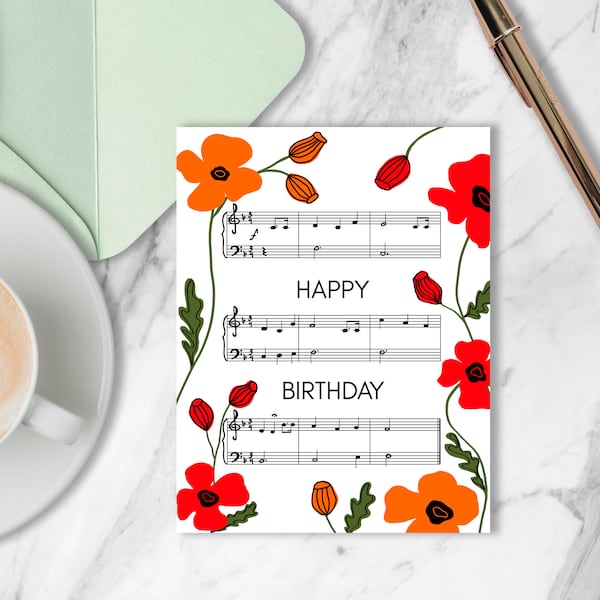 Happy Birthday Printable Card. Digital Music Note Card. Poppy Floral Theme Instant Download. Happy Birthday To You Song