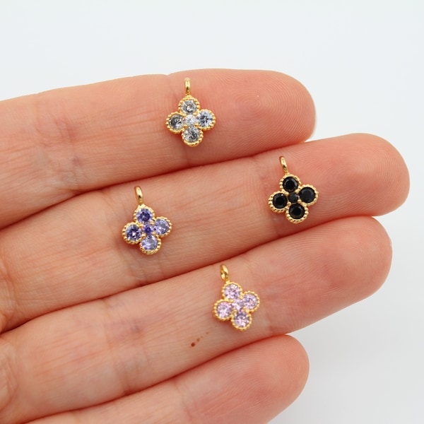 7x10MM 24K Shiny Gold Plated Zircon Clover Pendant, Zircon Tiny Flower Charm, Zircon Pave Charm, Cubic Zircon Flower Charms GLD197