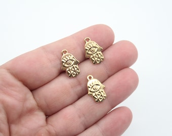 18K Gold Plated Stainless Steel Hamsa Charm, Evil Eye (12x18MM)