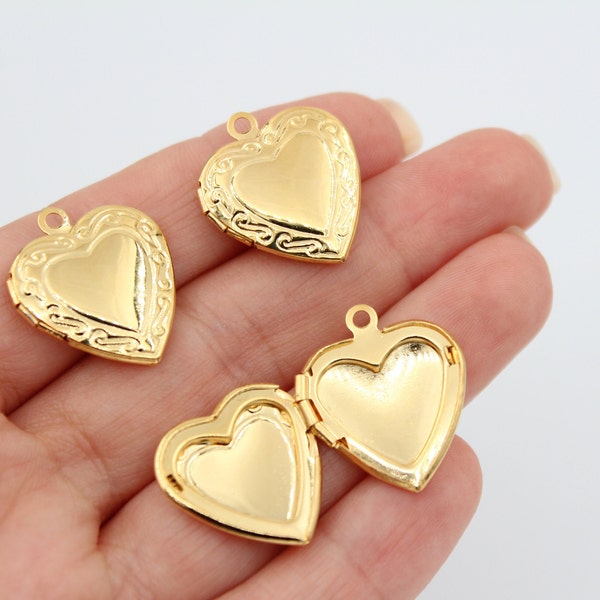 20X23MM 24K Shiny Gold Plated Heart Locket Pendant, Vintage Style Antique Charm, Opening Heart charms, Love Charms , GLD070
