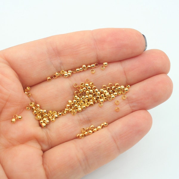 50Pcs 2MM 24K Shiny Gold Crimp Beads, Crimp Covers, Tiny Crimps, Gold Plated Jewelry Findings, Stopper Beads, Gold Plated Supplies, FND017