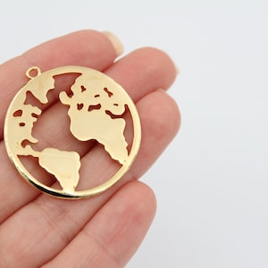 34X37MM 24K Shiny Gold Plated World Pendant, World Charm, Globe Pendant, Earth Pendant, World Map Charm, Travel Pendant, GLD063