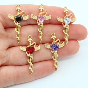 17x31MM 24K Shiny Gold Plated Zircon Sword With Heart Pendant , Zircon Cross Charms, Crucifix Necklace Pendant, Zircon Pave Charms GLD253