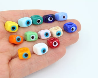 9,5MM Cube Evil Eye Murano Glass Beads, Handmade Square Evil Eye Charm, Lampwork Evil Eye Beads, Handblown Beads, DIY Necklace, MRN082