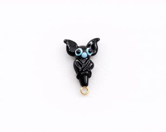 Black Murano Glass Bat Beads, Handmade Lampwork Halloween Charm (16x26MM)