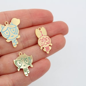 24K Shiny Gold Plated Powerpuff Girls Charm, Blossom Buttercup Bubbles Charm, Best Friend Gift, Friends Necklace, Girls Pendant GLD460