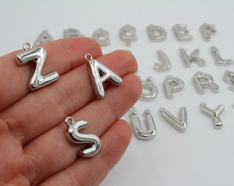 Rhodium Plated Balloon Letter Charm, Rhodium Plated Letter Charm, Letter Pendant, Personalized Jewelry, Silver Colored Letter Charm, GLD448