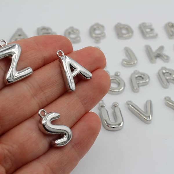 Rhodium Plated Balloon Letter Charm, Rhodium Plated Letter Charm, Letter Pendant, Personalized Jewelry, Silver Colored Letter Charm, GLD448