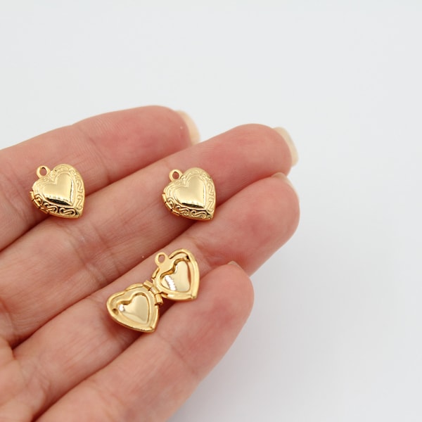 10X13MM 24K Shiny Gold Plated Heart Locket Pendant, Vintage Style Antique Charm, Opening Heart Charm, Love Charms , Tiny Heart Charm, GLD072