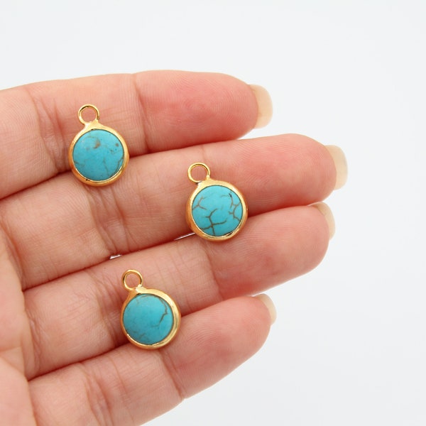 10MM 24K Shiny Gold Plated Covered Turquoise Stone Pendant, Turquoise Charm, Turquoise Gemstone Charm , Round Charms GLD093