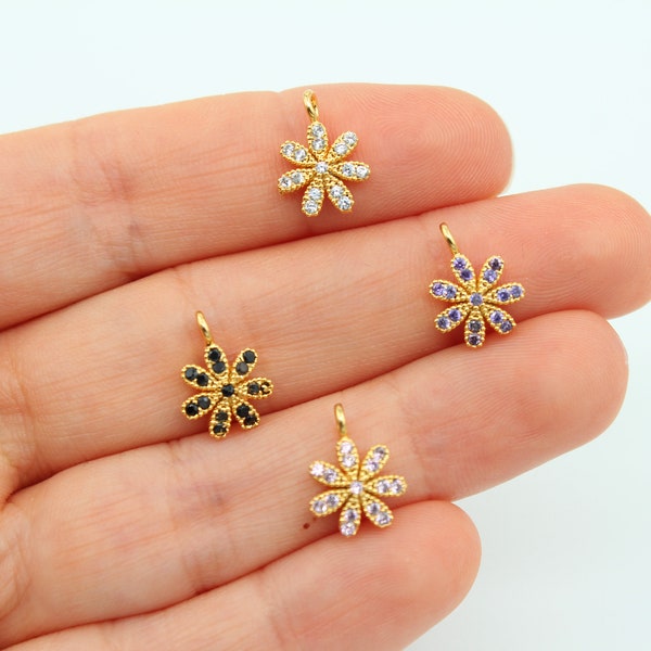 10x13MM 24K Shiny Gold Plated Zircon Daisy Pendant, Zircon Tiny Flower Charm, Zircon Pave Charm, Cubic Zircon Flower Charms GLD199