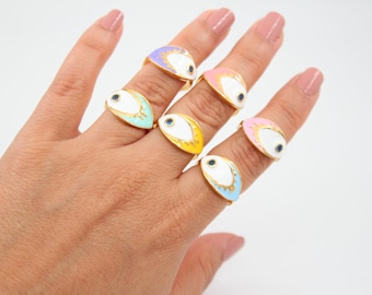 24K Gold Plated Evil Eye Ring, Adjustable Enamel Ring