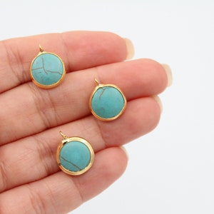 12MM 24K Shiny Gold Plated Covered Turquoise Stone Pendant, Turquoise Charm, Turquoise Gemstone Charm , Round Charms GLD094