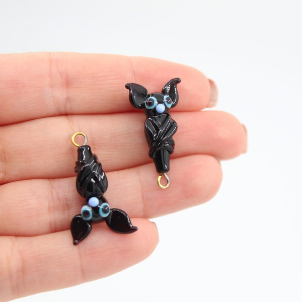 16x26MM Black Murano Bat Glass Beads, Handmade Bat, Lampwork Bat, Halloween Beads, Handblown Beads, DIY Necklace, Murano Bat, MRN004