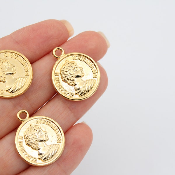 20X25MM 24K Shiny Gold Plated Elizabeth Medallion Pendants, Coin Charms, Antique Coins Charm, Queen Elizabeth Necklace, GLD067