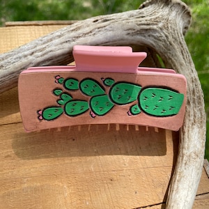 4&quot; Hand Tooled Leather Claw Clip | Genuine Leather Hair Claw Double Sided | Cactus Design Hand Carved Clip| Western Cowgirl Hair Barrette |