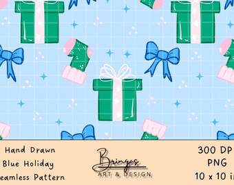 Blue Holiday Pattern – Festive Gifts, Stockings, Bows – Seamless and Repeatable – Digital Download