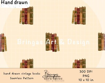 Hand Drawn Vintage Books Seamless Pattern – Digital Download, 10x10 Inches, PNG
