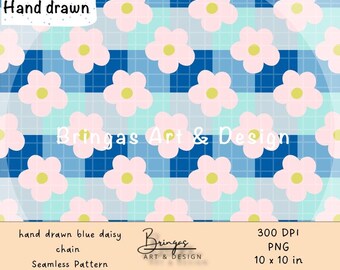 Blue Daisy Chain Pattern – Checkered Background with Daisies – Seamless & Repeatable – Digital Download