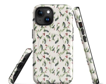 Holiday Leaves & Holly Berries Phone Case – Festive Christmas Phone Case – Red Green Design