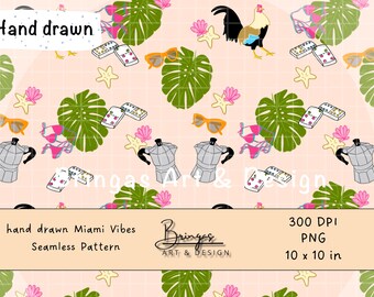 Miami Vibes Pattern – Tropical Palm Trees, Flamingos, Sunbursts – Seamless, Repeatable – Digital Download