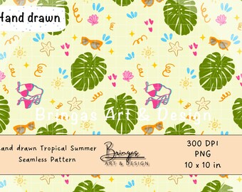 Tropical Summer Pattern – Palm Trees, Sunglasses, Suns, Bikini – Seamless and Repeatable – Digital Download