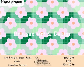 Green Daisy Chain Pattern – Checkered Background with Daisies – Seamless & Repeatable – Digital Download