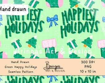 Green Happy Holidays – Festive Gifts, Stockings, Bows – Seamless and Repeatable – Digital Download