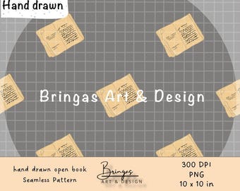 Hand Drawn Open Book Seamless Pattern – Digital Download, 10x10 Inches, PNG