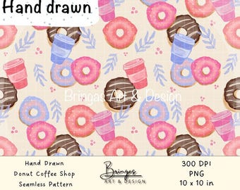 Watercolor Donuts and Coffee Pattern – Seamless and Repeatable – Digital Download