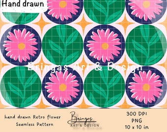 Retro Flower Seamless Pattern – Digital Download, 10x10 Inches, PNG