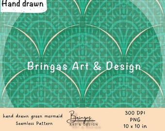 Green Mermaid Seamless Pattern – Digital Download, 10x10 Inches, PNG