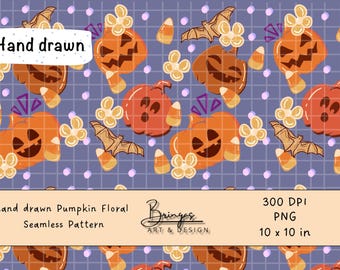 Hand Drawn Floral Pumpkins Seamless Pattern – Digital Download, 10x10 Inches, PNG