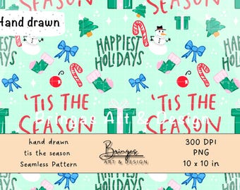 Tis the Season Holiday Pattern – Festive Gifts, Stockings, Bows – Seamless and Repeatable – Digital Download